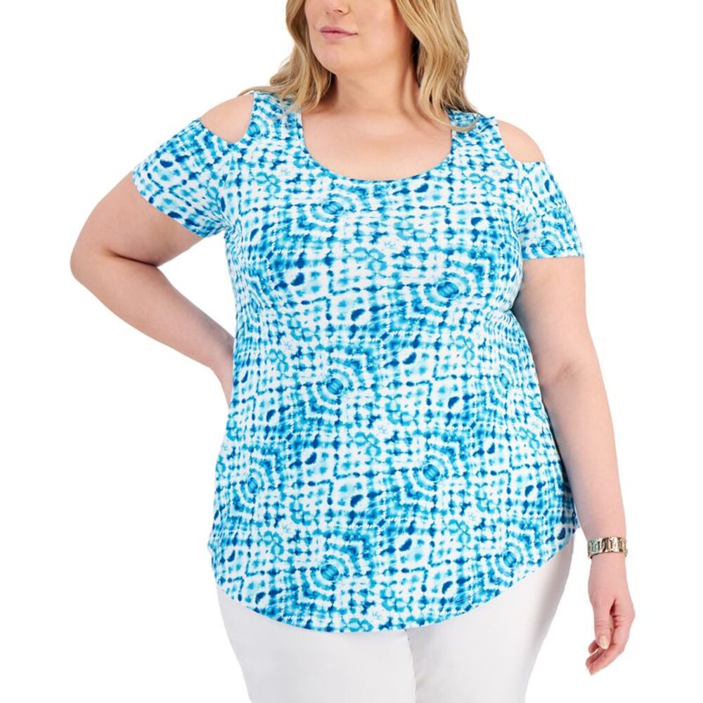 JM Collection Plus Size Printed Cold-Shoulder Top - Picture 3 of 4